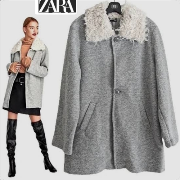 ZARA Coatigan Womens L Gray Faux Sheep Fur Collar Knit Jacket Coat Pockets NWT - Picture 1 of 12